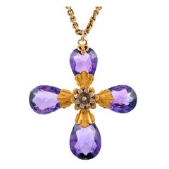 Etruscan Briolette Amethyst Gold Victorian Cross Pendant/Brooch