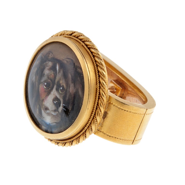 Early Victorian King Charles Spaniel Hand Painted Scarf Clip and Box In Excellent Condition In Carmel-by-the-Sea, CA