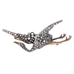 Victorian Rose Cut Diamond Silver/Yellow Gold Swan Brooch