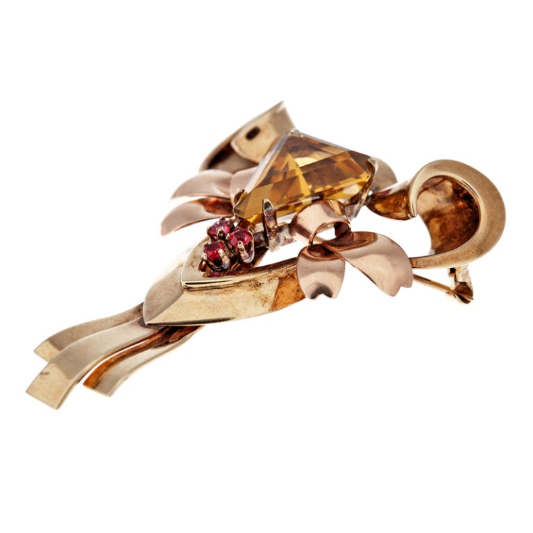 TIFFANY & Co. Citrine Ruby Rose Gold Retro Brooch In Excellent Condition In Carmel-by-the-Sea, CA