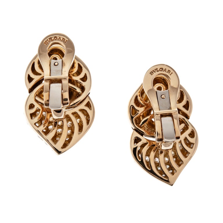 Contemporary and chic, these earrings are just the right size. Bulgari designs are always identifiable and make a statement. These appear as an interlocked modified heart design and are adorned with 1.60 carats of diamonds, crafted entirely of 18