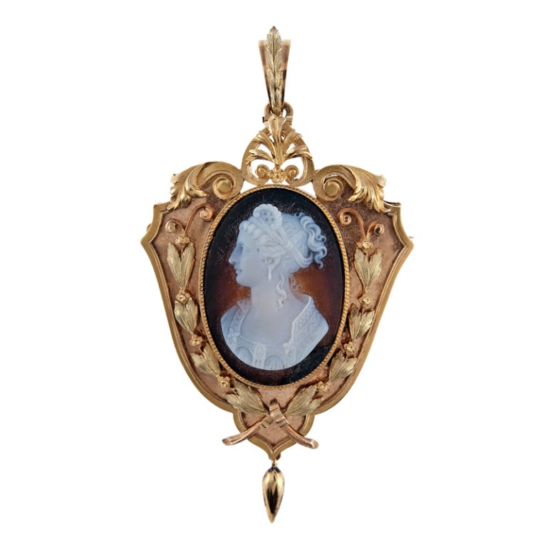 A special stone cameo suite with original box, made beautifully and kept in excellent condition. The cameos are carved with excellent craftsmanship, depicting the profile of a beautiful Victorian lady. Either the earrings or pendant are wonderful to