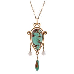 'Arts and Crafts' Antique Turquoise Pearl Yellow Gold Pendant