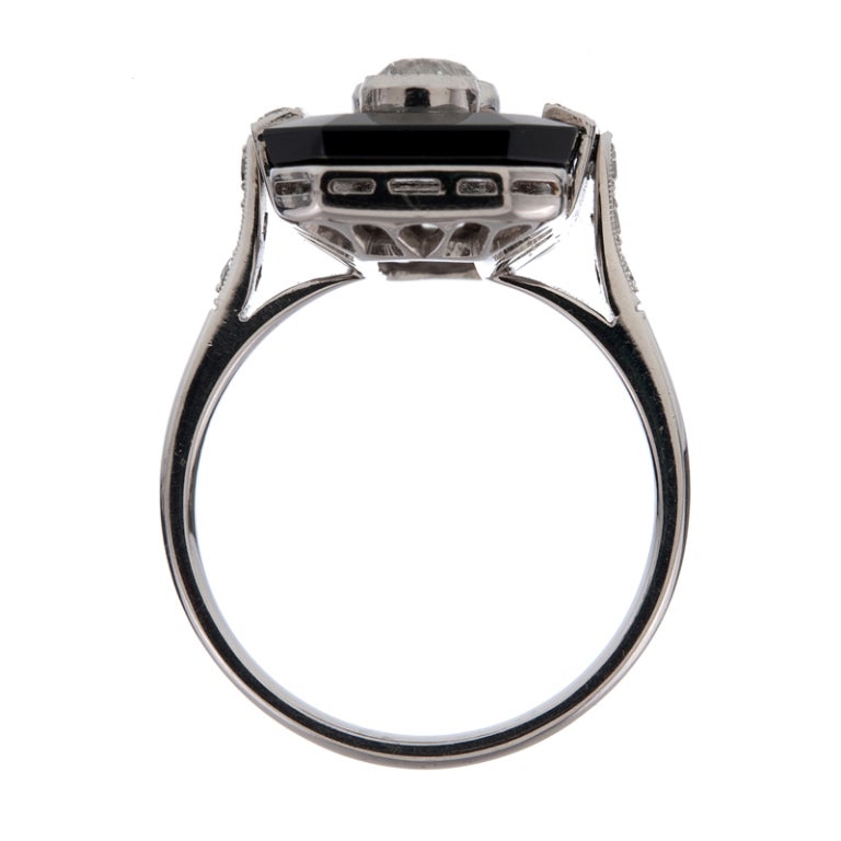 Women's Old European Cut Diamond Onyx Platinum Plaque Ring