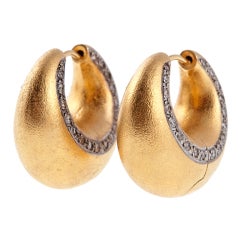 Brushed Diamond Yellow Gold Hoop Earrings