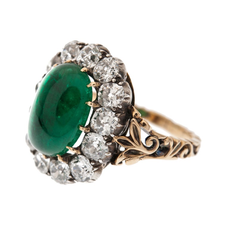 Victorian Cabochon Emerald and Diamond Cluster Ring at 1stdibs