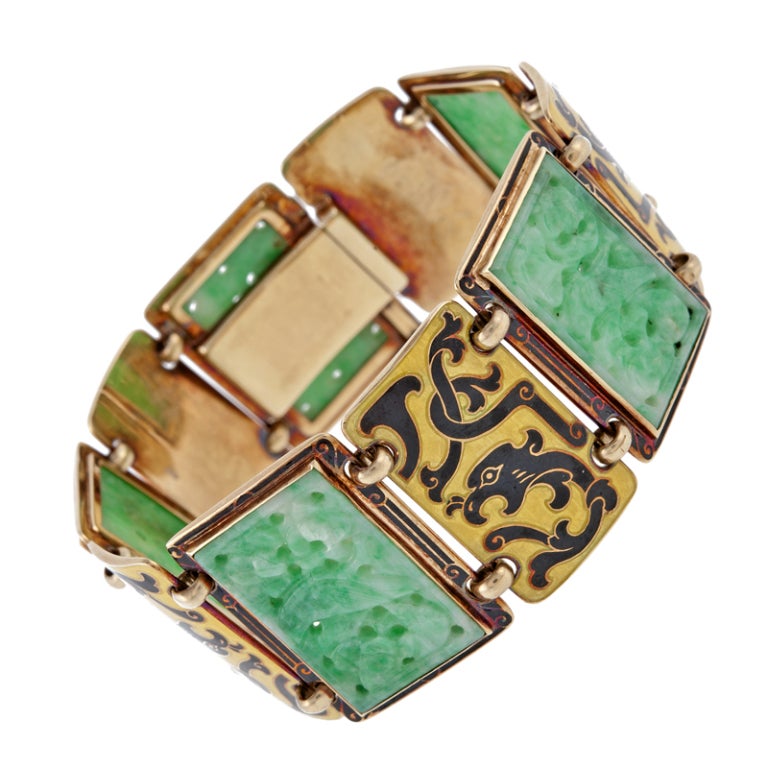 Antique American Carved Jade & Enamel Unique Bracelet