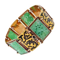 Antique American Carved Jade & Enamel Unique Bracelet
