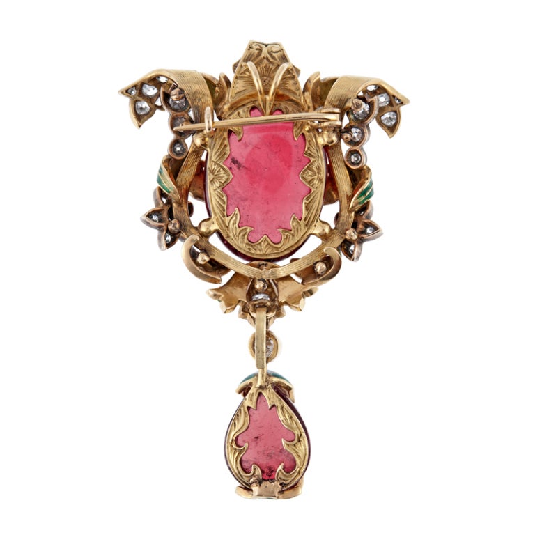 Women's Magnificent Antique Tourmaline Diamond Enamel Pin/Pendant