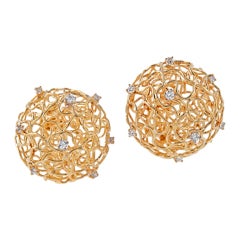 Vintage Diamond Gold Birds Nest Wire Clip-On Earrings
