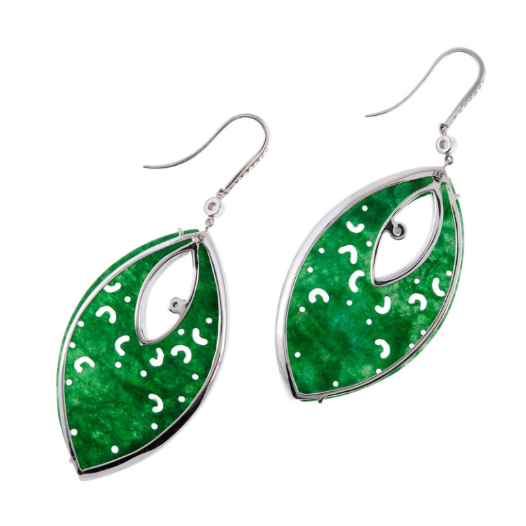 Carved Jade Diamond Platinum Handmade Earrings