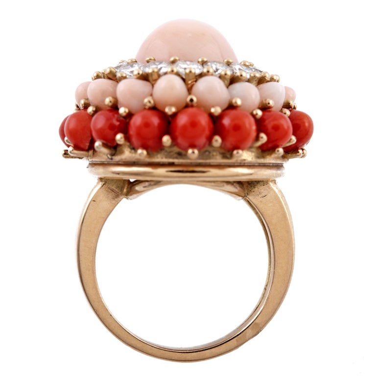 Women's Diamond Pink & Red Coral Yellow Gold Dome Ring