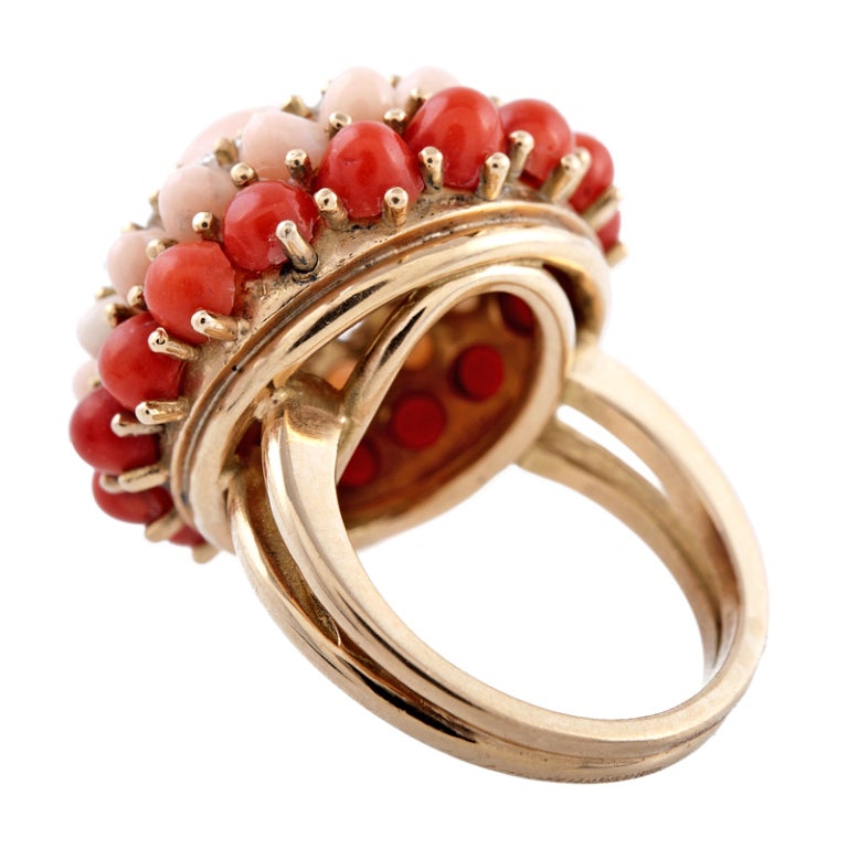 Diamond Pink & Red Coral Yellow Gold Dome Ring 1