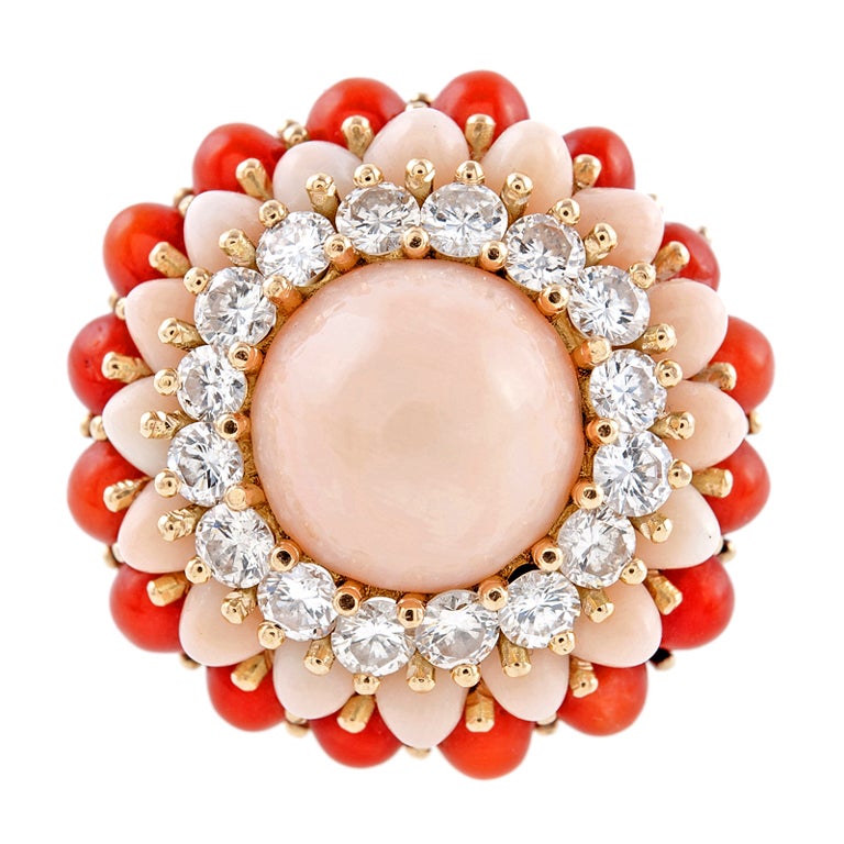 Diamond Pink & Red Coral Yellow Gold Dome Ring