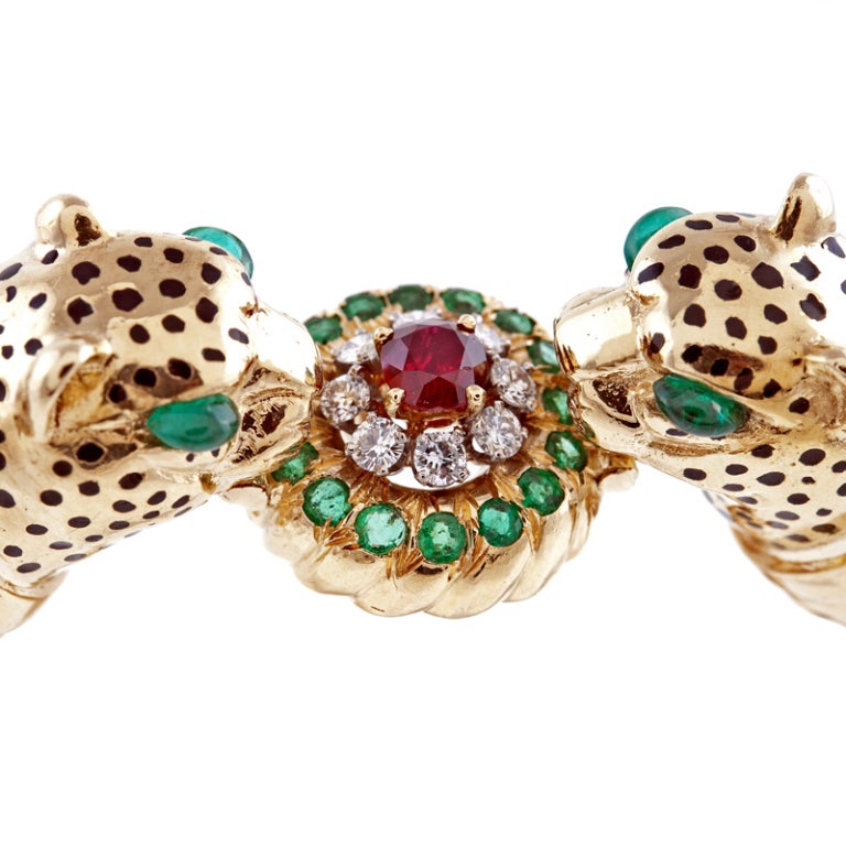 Emerald Ruby Diamond & Enamel Leopard Bangle Bracelet