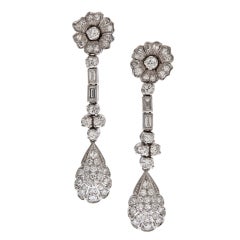 1950's Diamond Platinum Dangle Flower Motif Earrings
