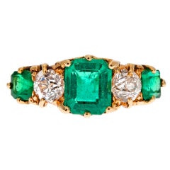 Antique English Emerald & Diamond Hand Carved Gold Ring