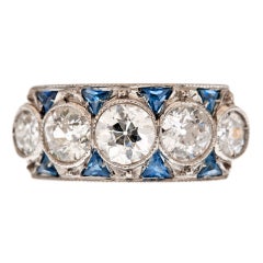 Antique Art Deco 5-Stone Diamond Sapphire Classic Platinum Ring