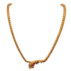 English Antique Emerald Ruby Yellow Gold Snake Necklace