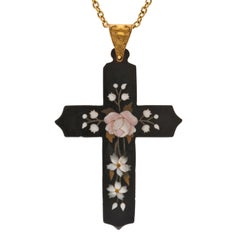 Antique Pietra Dura Yellow Gold Cross Pendant