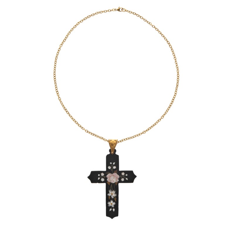 Antique Pietra Dura Yellow Gold Cross Pendant In Excellent Condition In Carmel-by-the-Sea, CA