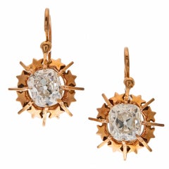 Victorian Cushion Cut Diamond Yellow Gold "Star" Drop Earrings