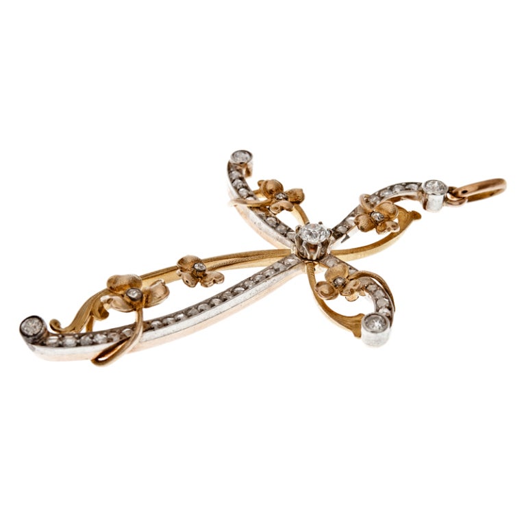 Ornate Art Nouveau Diamond Platinum/Yellow Gold Cross