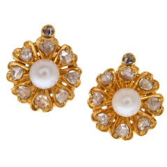 Victorian Pearl Rose Cut Diamond Yellow Gold Drop Earrings