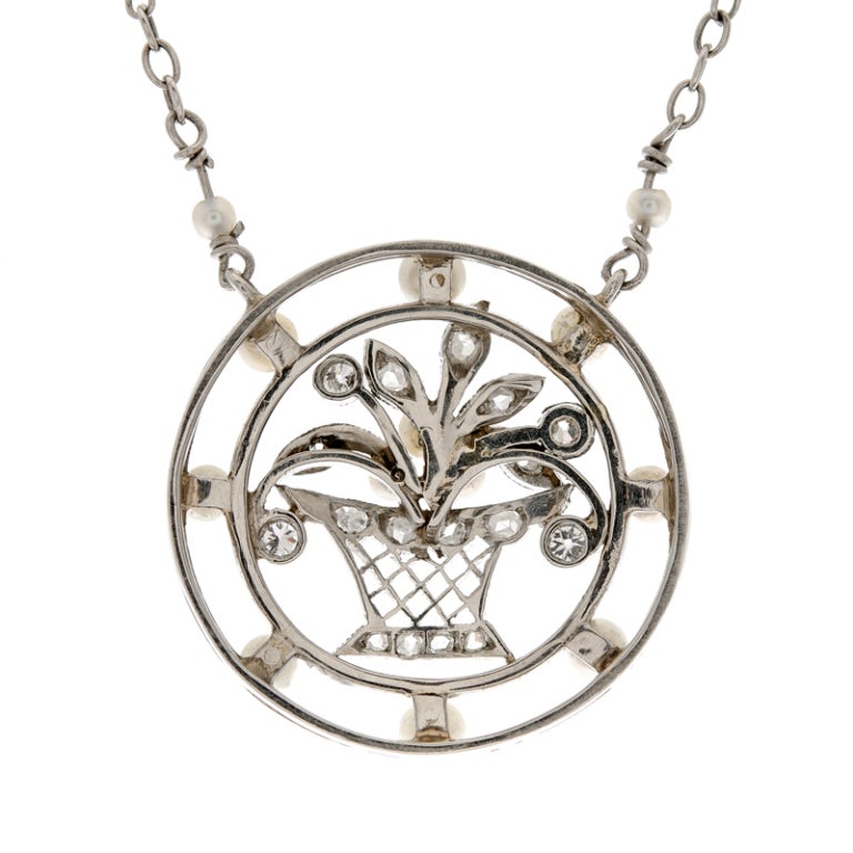 Women's Art Deco Diamond Seed Pearl & Platinum Floral Pendant