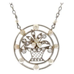 Art Deco Diamond Seed Pearl & Platinum Floral Pendant