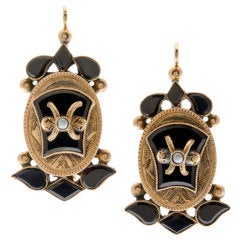Victorian Onyx Seed Pearl & Yellow Gold Drop Earrings 2