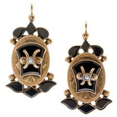 Victorian Onyx Seed Pearl & Yellow Gold Drop Earrings