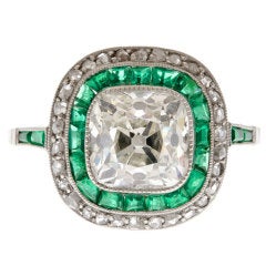 2.45 carat Old Cushion Cut Diamond & Emerald Platinum Ring