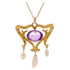 American Amethyst Pearl & Yellow Gold Antique Drop Pendant