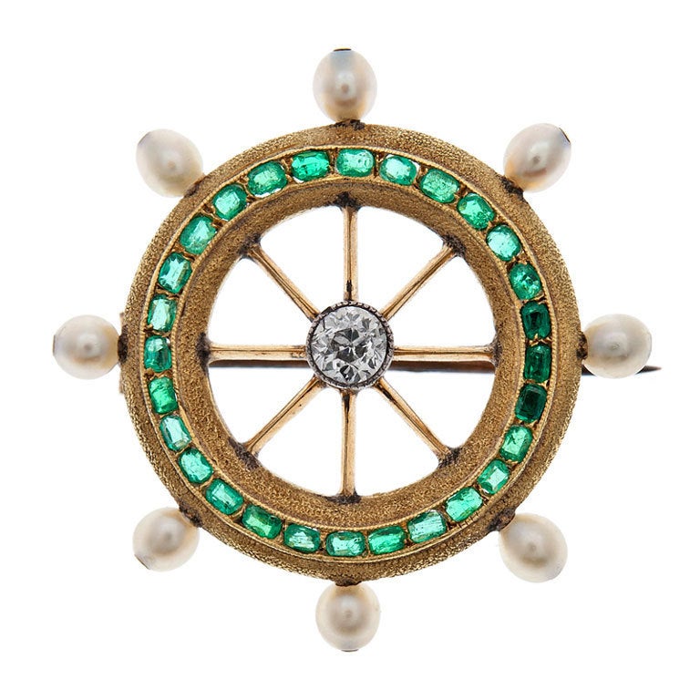 Antique Emerald Diamond & Pearl "Sailing Wheel" Brooch