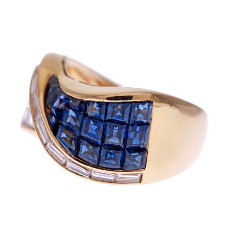 Baguette Diamond & Blue Sapphire "Mystery Curve" Ring