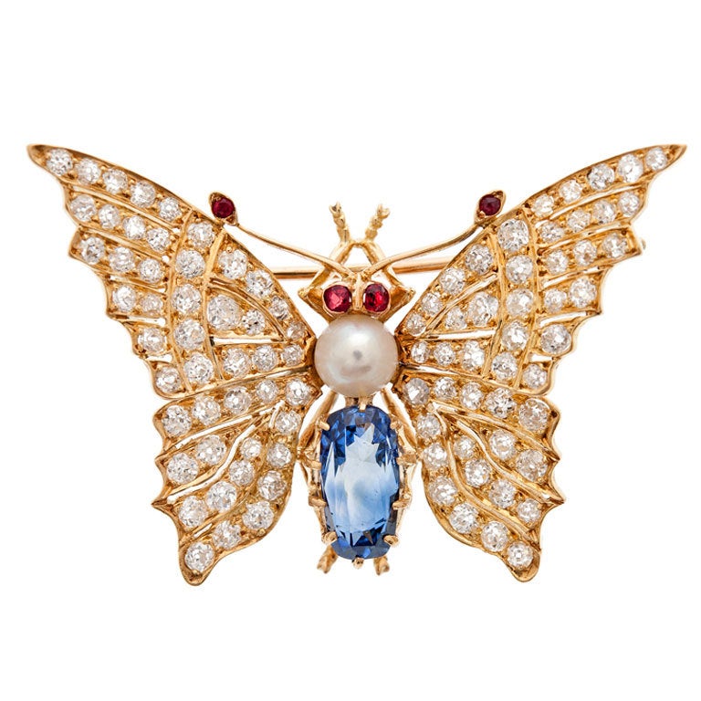 Victorian Butterfly Ceylon Sapphire Pearl Ruby Diamond Brooch
