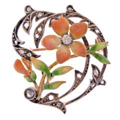 Art Nouveau Enamel Diamond Silver Gold Brooch 3
