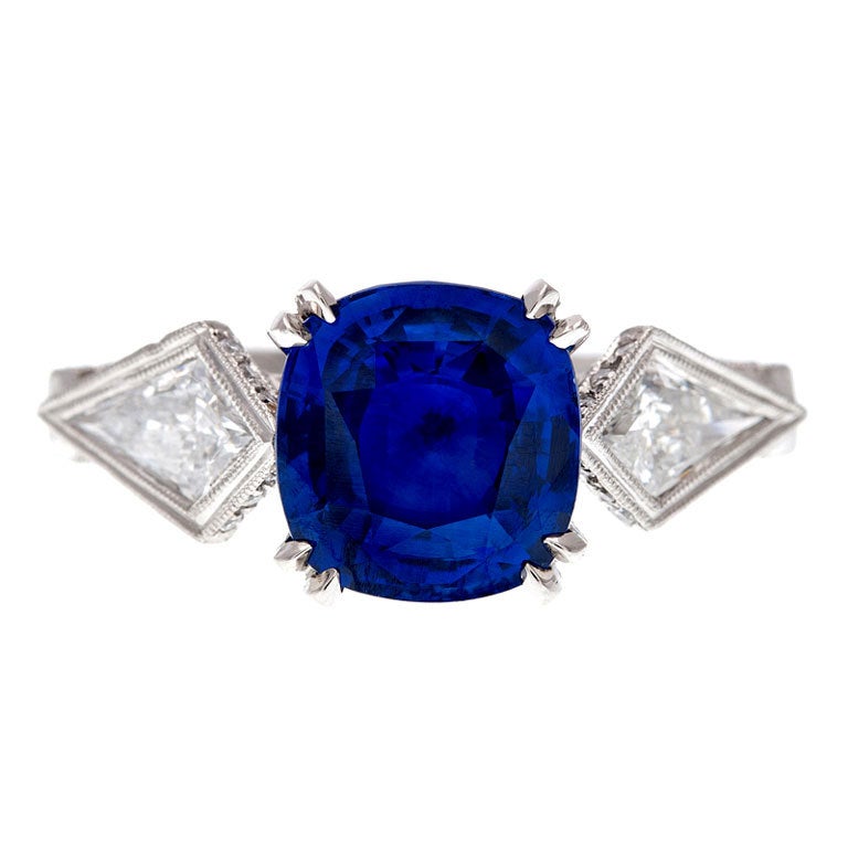 Cushion Cut Sapphire Trillion Cut Diamond Platinum Ring