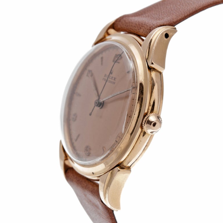 ROLEX Oversized Rose Gold Precision Wristwatch with Stylized Case and Rare Dial