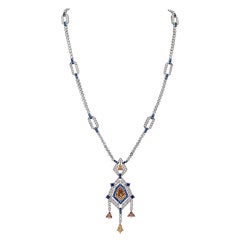 Art Deco Sapphire Champagne Diamond Platinum Necklace 7