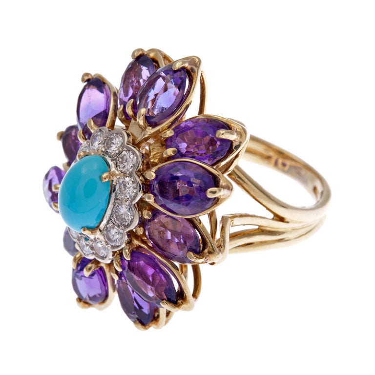 Bursting forth with color and charm, this organic-themed work of art is a playful and substantial treat for the eyes. The unique color combination of amethyst and turquoise is a symbiotic marriage of rich colors, which are enhanced by the addition