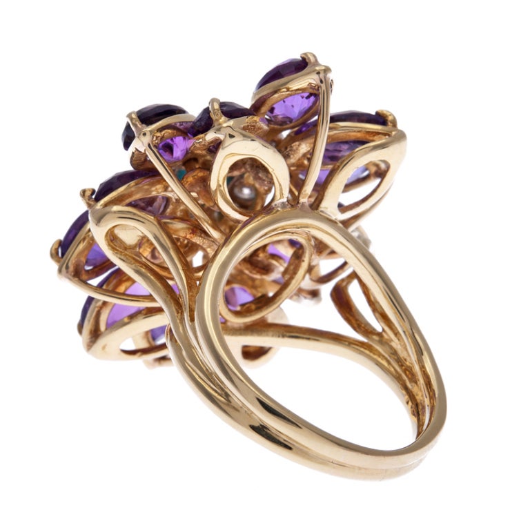 Turquoise Amethyst Diamond Gold Flower Ring In Excellent Condition In Carmel-by-the-Sea, CA