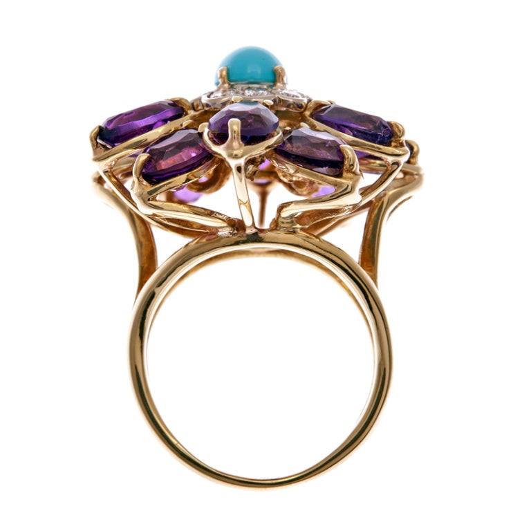 Women's Turquoise Amethyst Diamond Gold Flower Ring