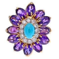Turquoise Amethyst Diamond Gold Flower Ring 10