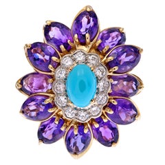 Turquoise Amethyst Diamond Gold Flower Ring