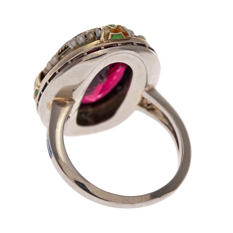 Women's Outstanding Antique Rubellite, Enamel and Seed Pearl Ring