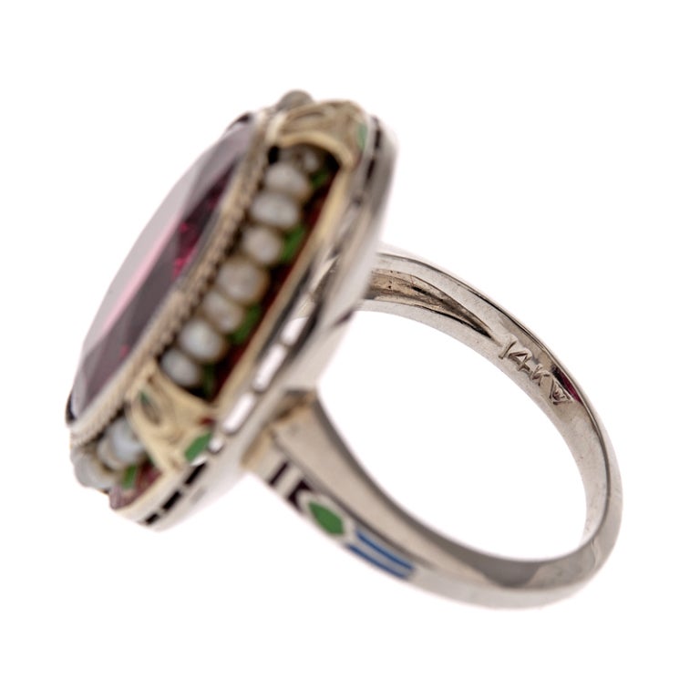 Outstanding Antique Rubellite, Enamel and Seed Pearl Ring 2