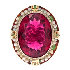 Outstanding Antique Rubellite, Enamel and Seed Pearl Ring