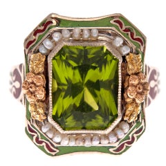 Ornate Peridot Ring with Enamel and Natural Pearls